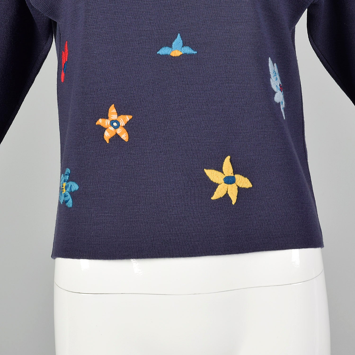 Small 1960s Navy Wool Novelty Sweater with Flower Embroidery