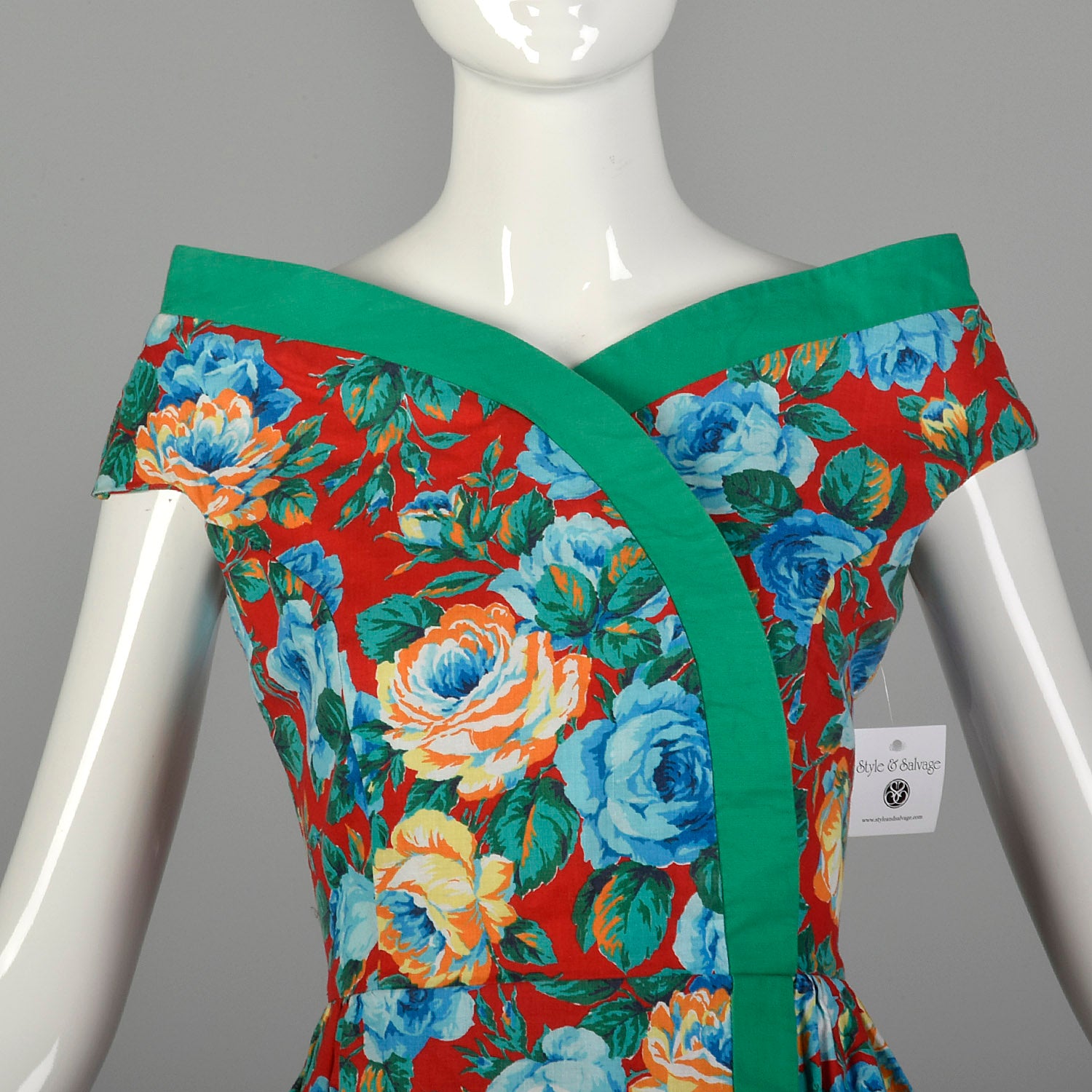 Small 1980s Off Shoulder Floral Peplum Dress Green Trim