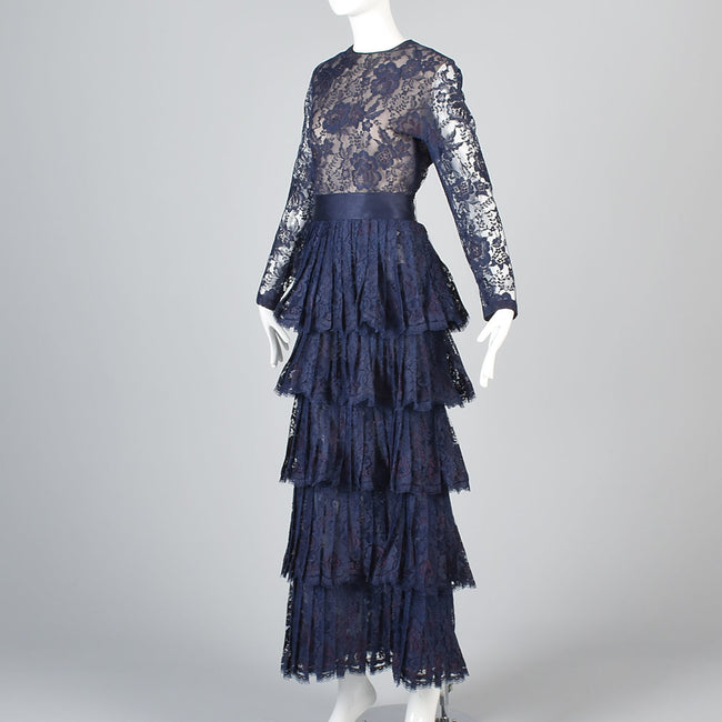 1970s Scaasi Boutique Navy Blue Formal Lace Evening Dress