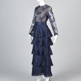 1970s Scaasi Boutique Navy Blue Formal Lace Evening Dress