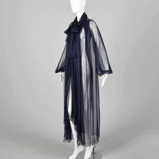 1970s Elegant Silk Chiffon Coat in Navy Blue