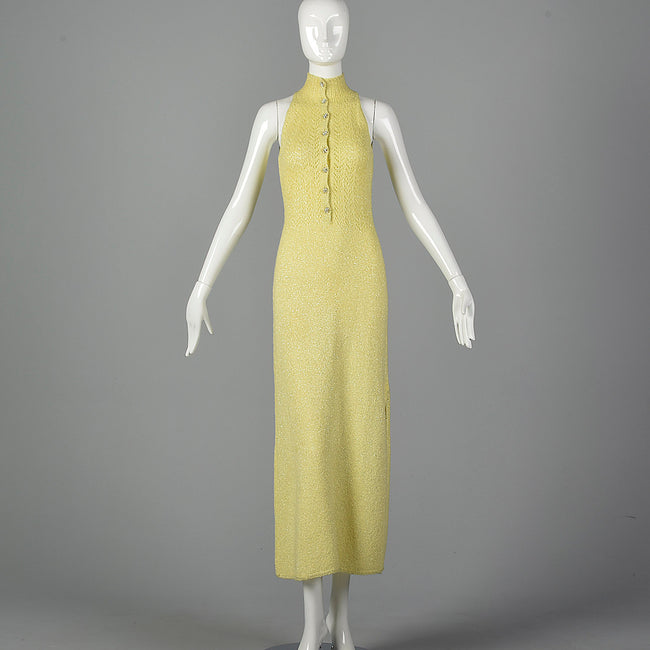 1970s Yellow Knit Maxi Dress with Metallic Silver Lurex