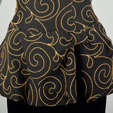 Small 1980s Nipon Black Strapless Party Dress Peplum with Gold Swirl