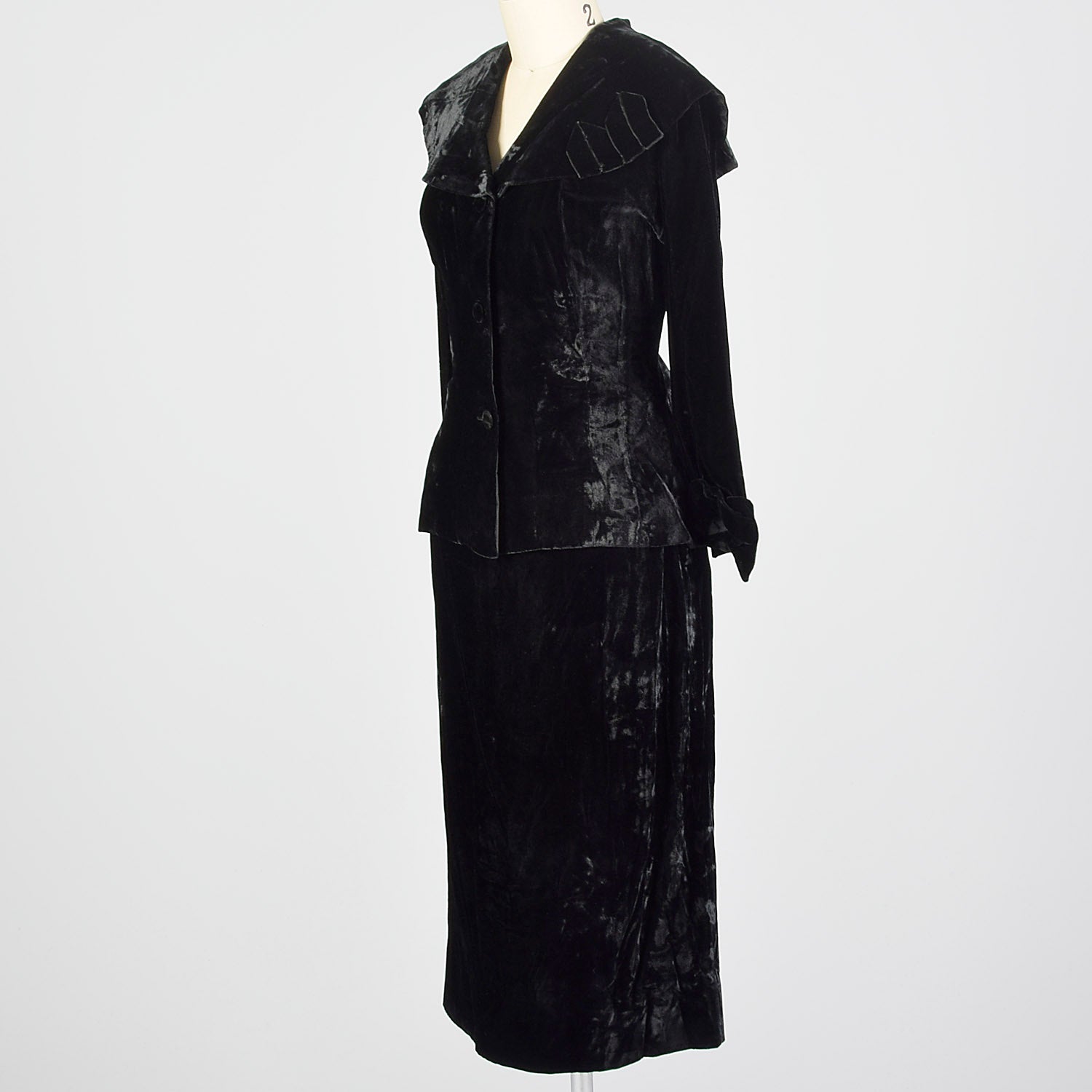 1950s Black Crushed Velvet Skirt Suit
