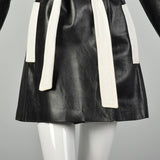 Medium 1970s Leather Trench Coat Black Mod White Huge Lapel Two Tone Jacket