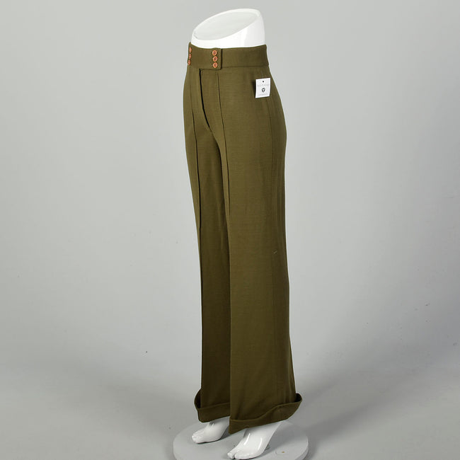 Small 1970s Green Knit Pants Hippie High Rise Wide Leg Boho Bell Bottoms