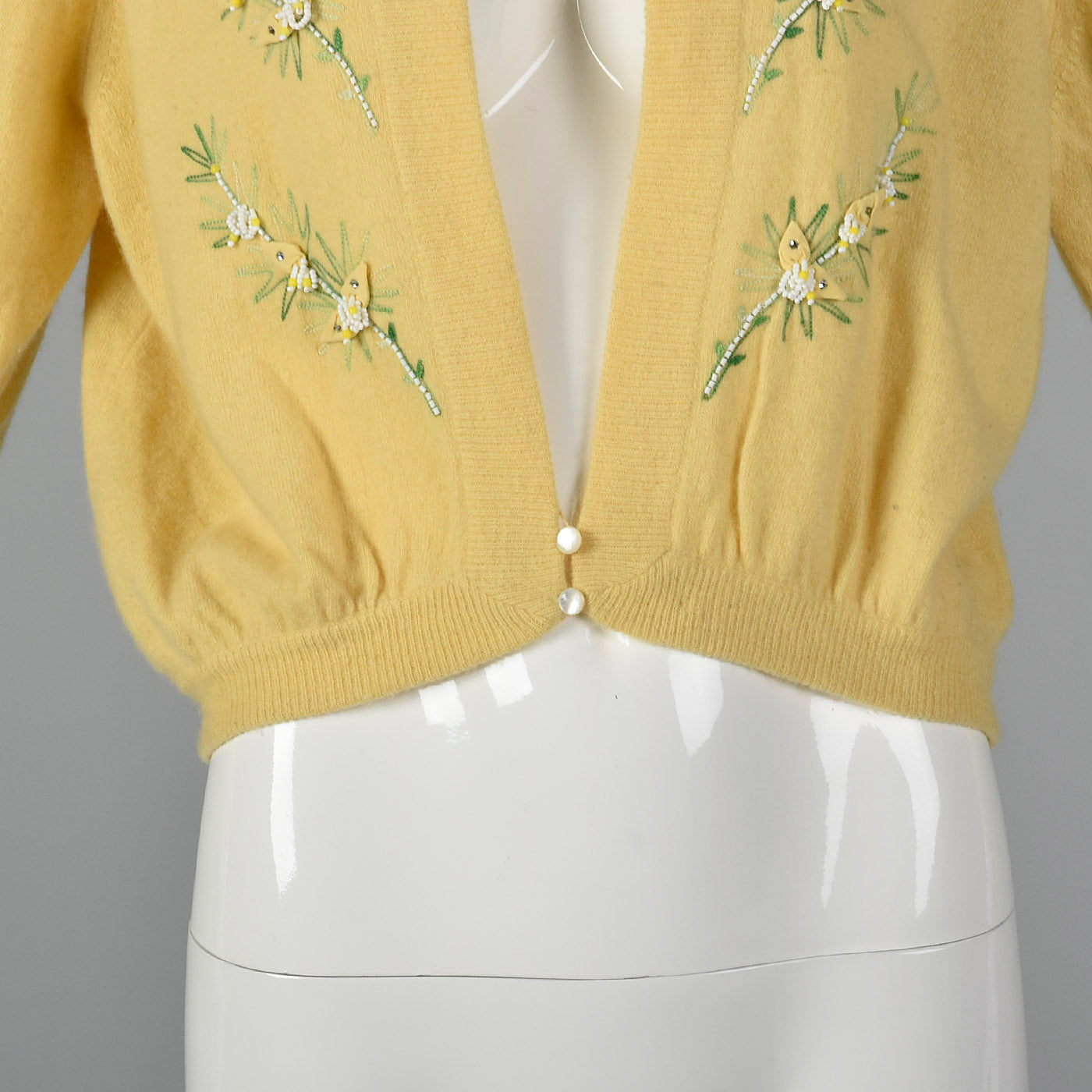 1950s Yellow Cashmere Cardigan with Floral Applique