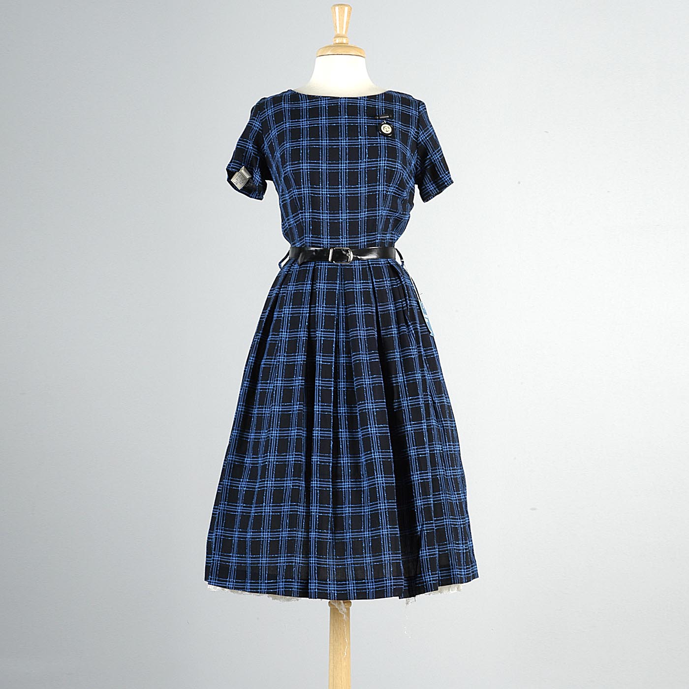 1950s Black Party Dress with Blue Windowpane Plaid