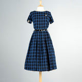 1950s Black Party Dress with Blue Windowpane Plaid