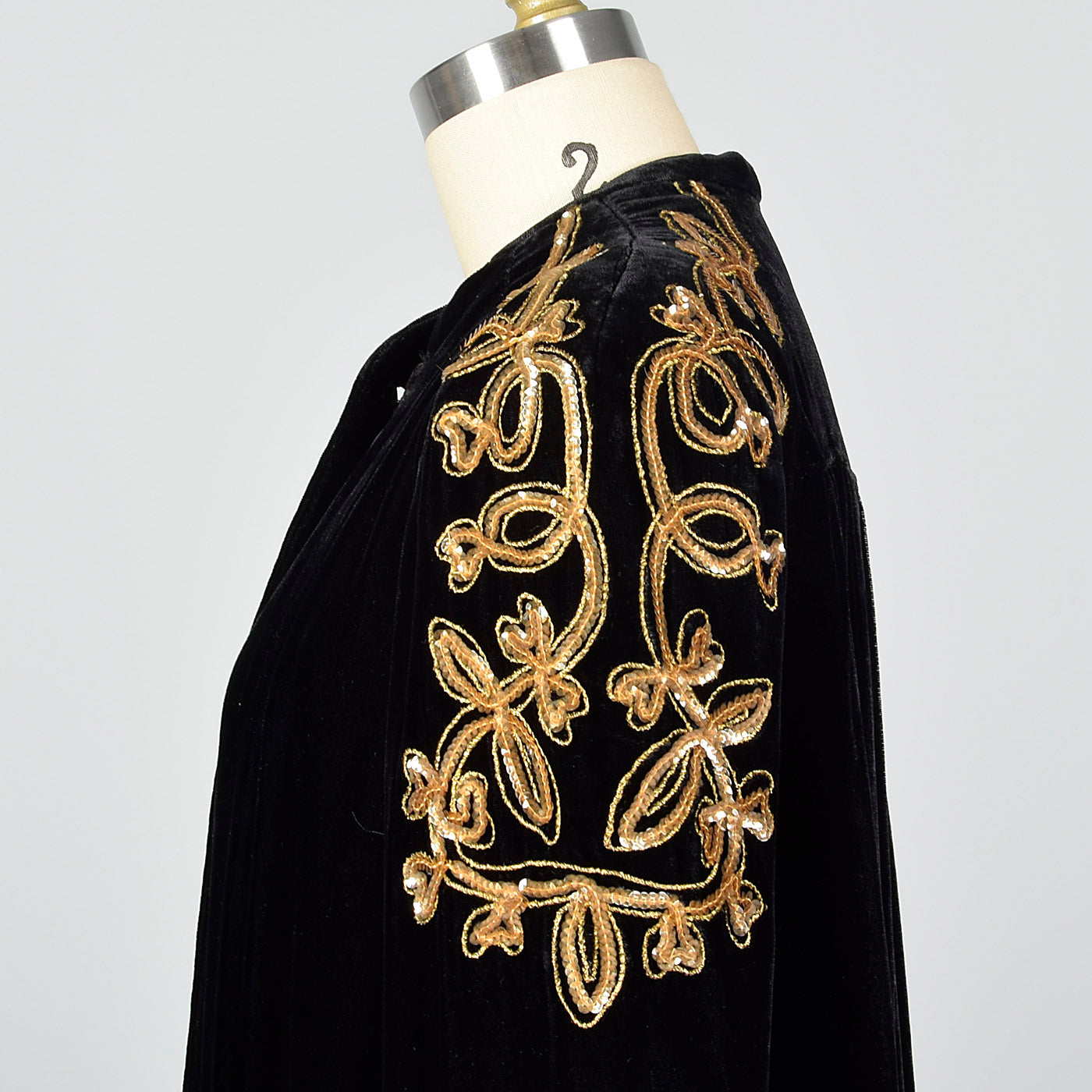 1940s Black Velvet Opera Cape with Gold Sequin Shoulders