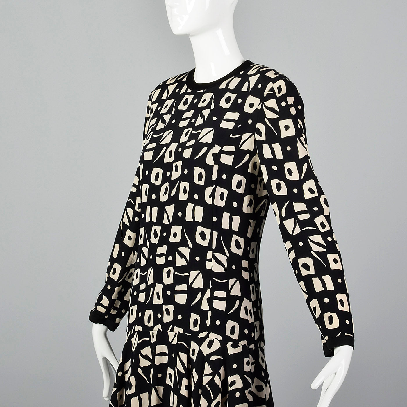 1980s Louis Feraud Black Print Dress with Drop Waist