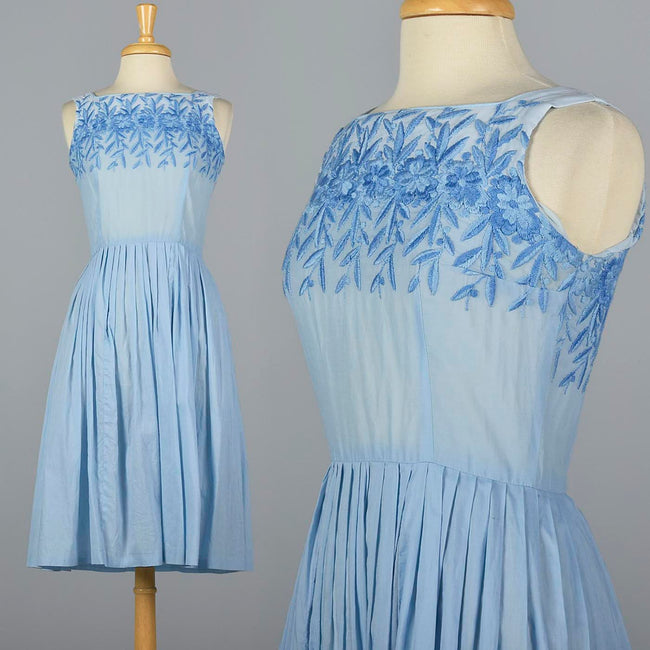 1950s Blue Cotton Day Dress with Embroidered Bodice