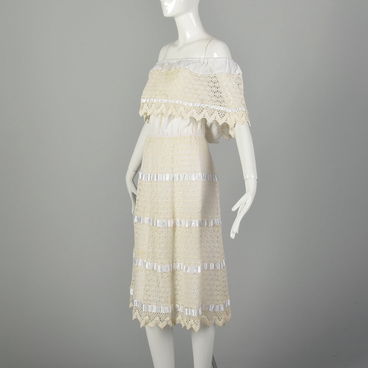 1970s Large Summer White Lace Off Shoulder Boho Dress