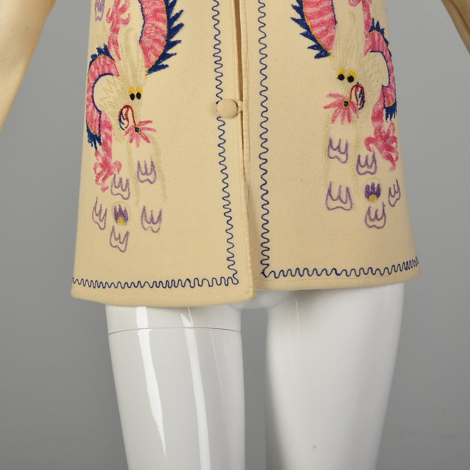 XS 1940s Souvenir Jacket Novelty Asian Dragon Chain Stitch Embroidery Cream Wool
