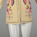 XS 1940s Souvenir Jacket Novelty Asian Dragon Chain Stitch Embroidery Cream Wool