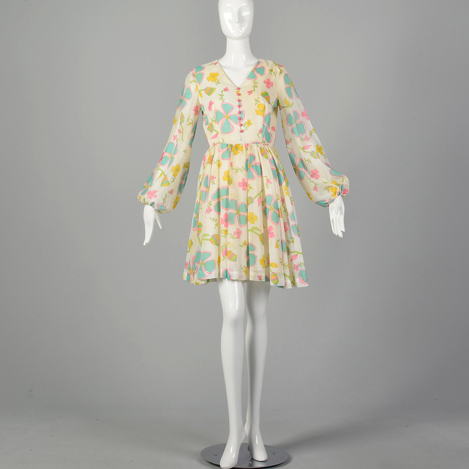 XS 1970s White Floral Long Sleeve Dress