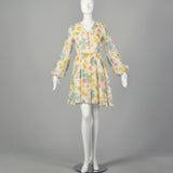 XS 1970s White Floral Long Sleeve Dress