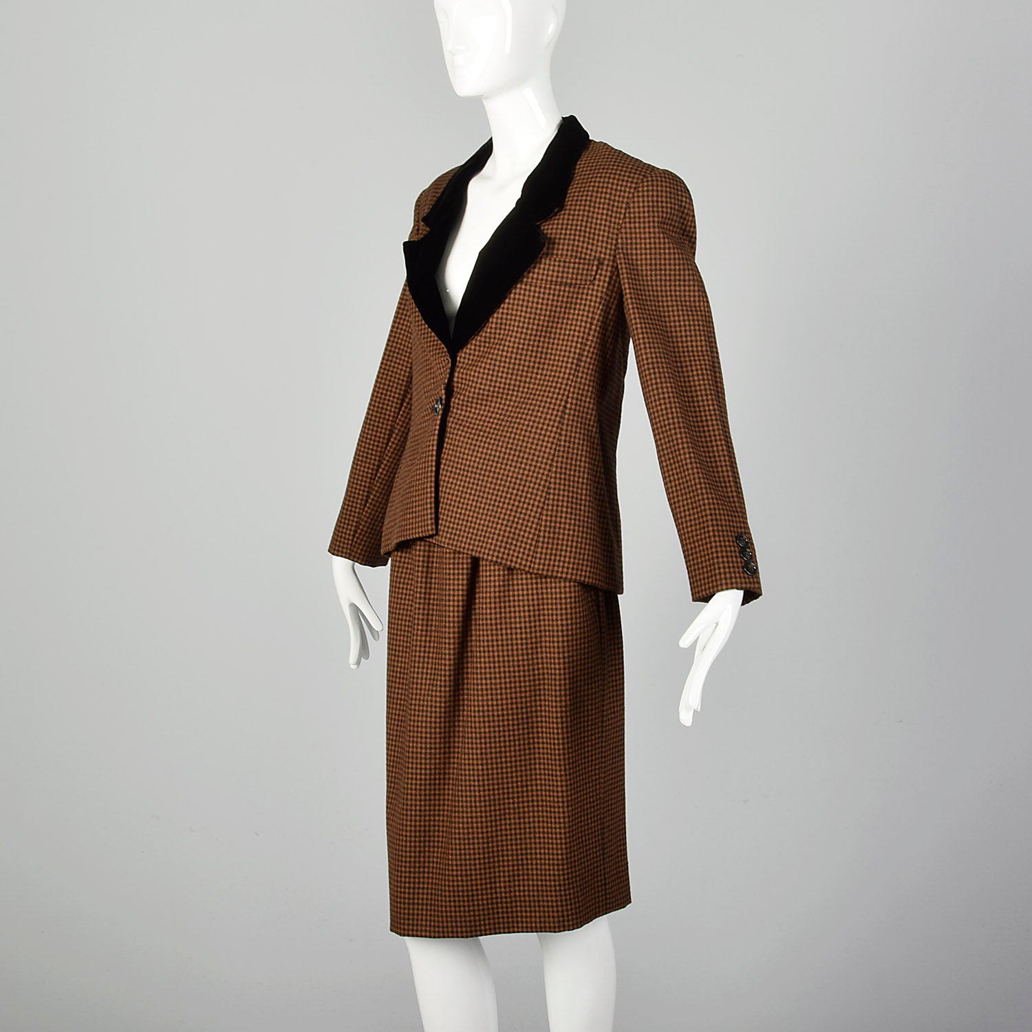 Small 1980s Oscar de la Renta Black and Brown Skirt Suit