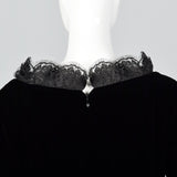 1970s Richilene Black Velvet Evening Dress with Lace Trim