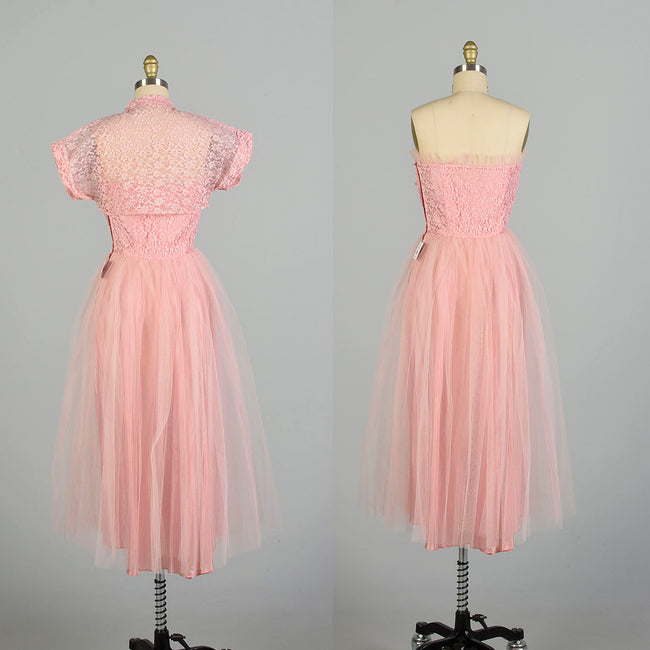 Small 1950s Strapless 2pc Set Pink Lace Tulle Evening Party Prom Dress