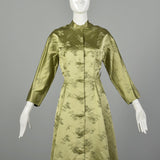 Medium 1960s Sage Green Asian Dress Hand Sewn Silk Frog Closures