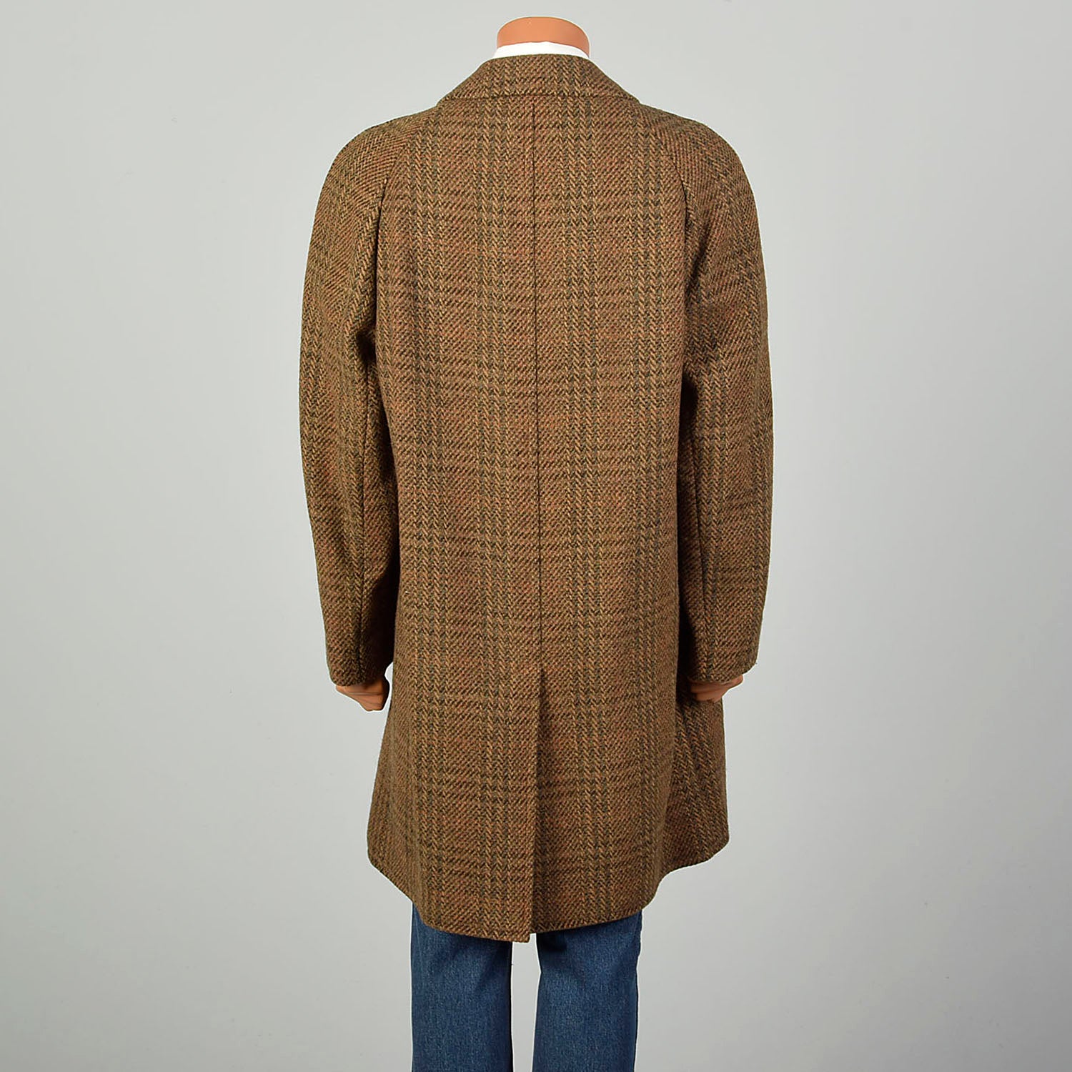 XL 1970s Jacket Brown Plaid Herringbone Wool Tweed Winter Car Coat