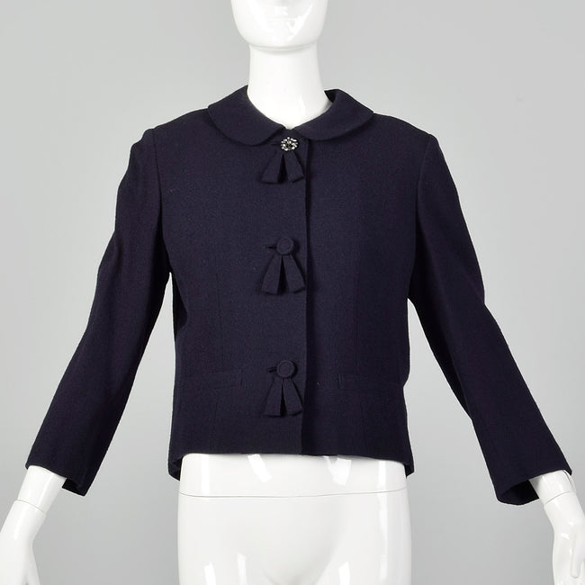 Medium 1960s Navy Blue Peter Pan Collar Wool Jacket