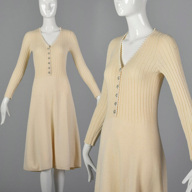 XS-Medium 1980s Cream Sweater Dress