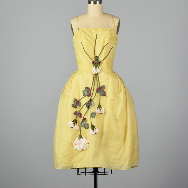 XS 1950s Yellow Rose Cocktail Dress