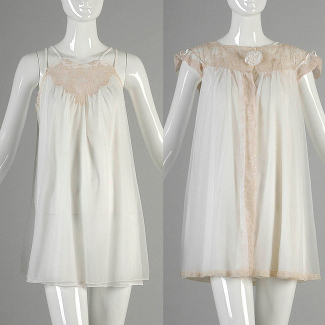 1960s White Babydoll Nightgown with Matching Peignoir