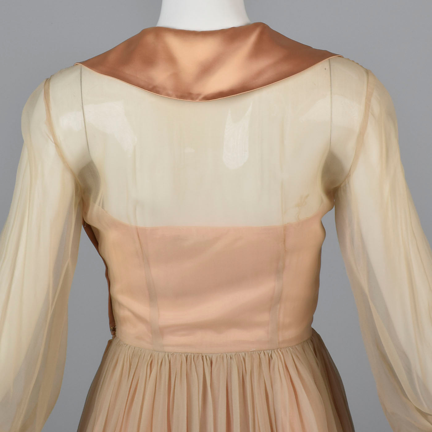 1950s Nude Silk Chiffon Dress with Bishop Sleeves