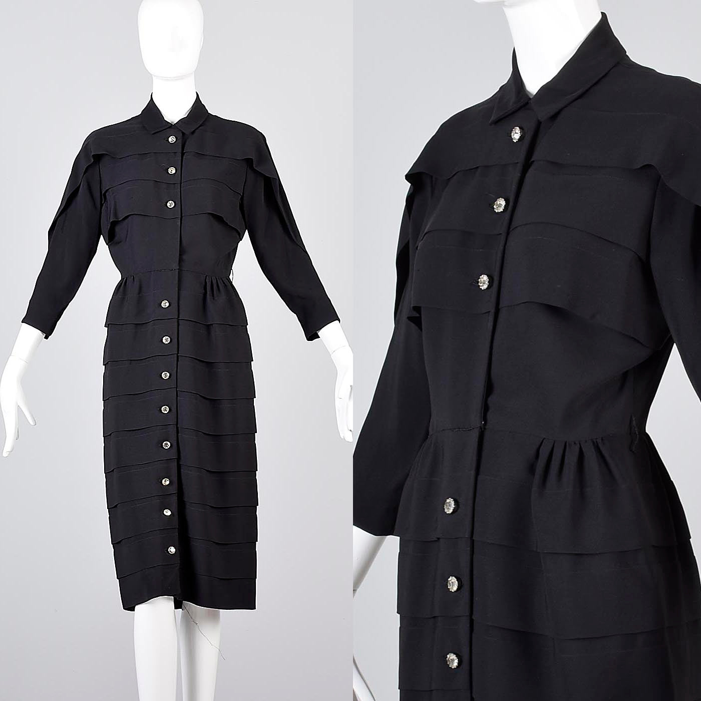 1950s Little Black Cocktail Dress with Layered Design