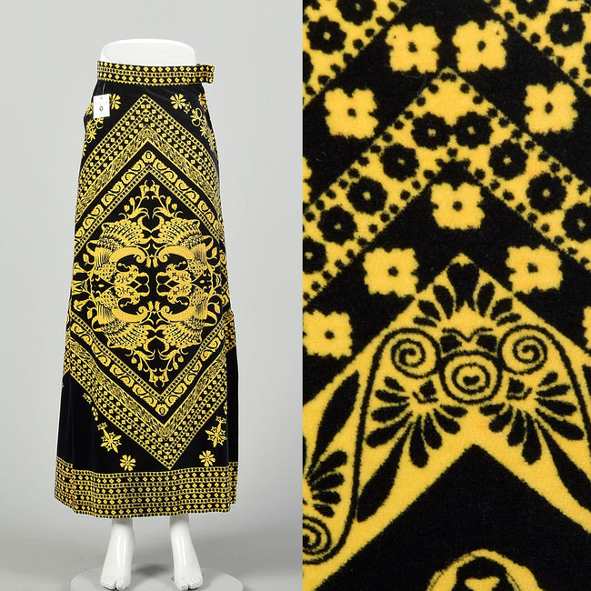 XXS 1970s Mr. Dino Velveteen Skirt Gold Black Print Maxi