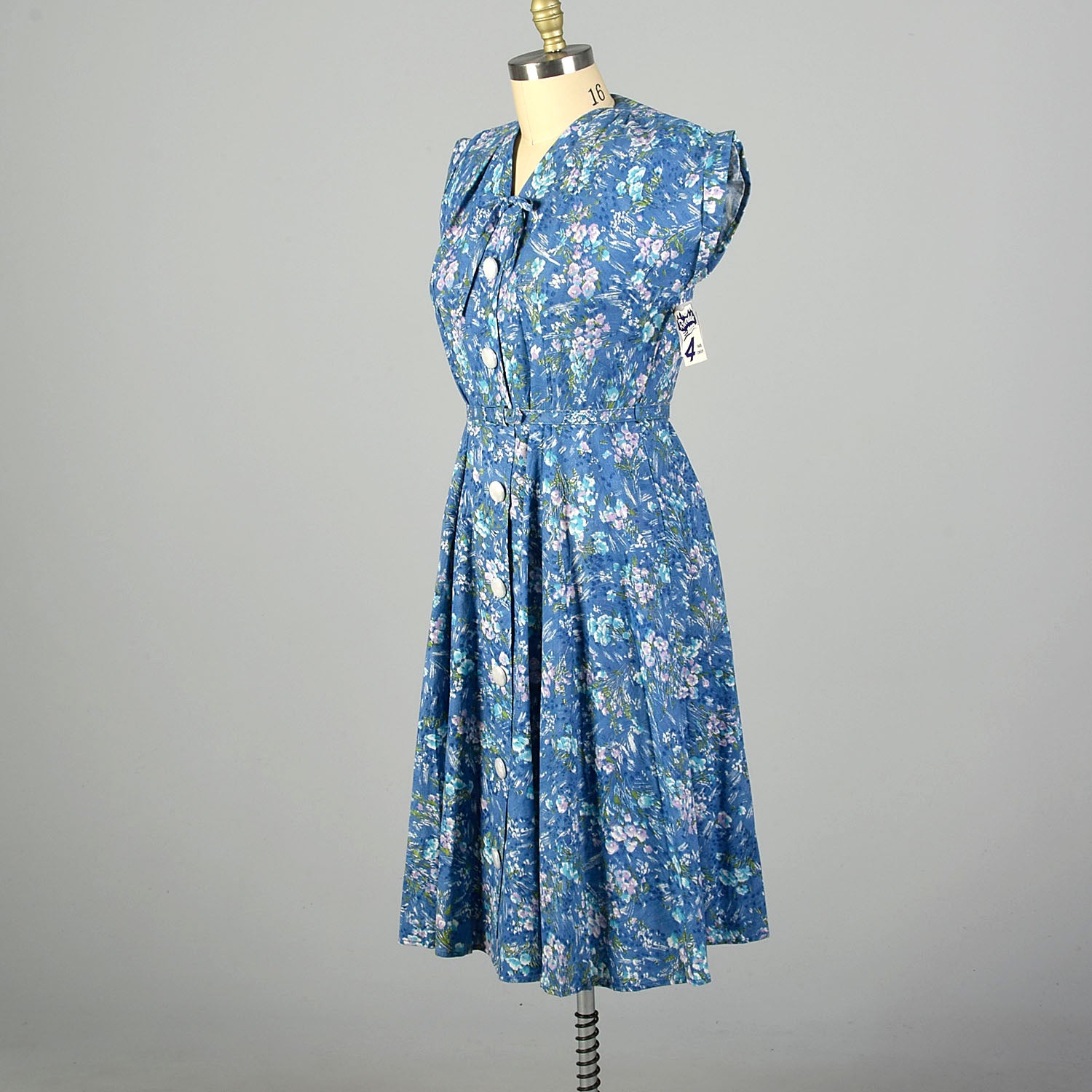 XXL 1940s Blue Cotton Day Dress Floral Deadstock Volup Summer Casual