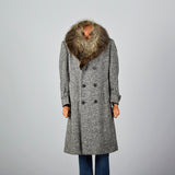 1970s Mens Wool Tweed Coat with Raccoon Fur Collar