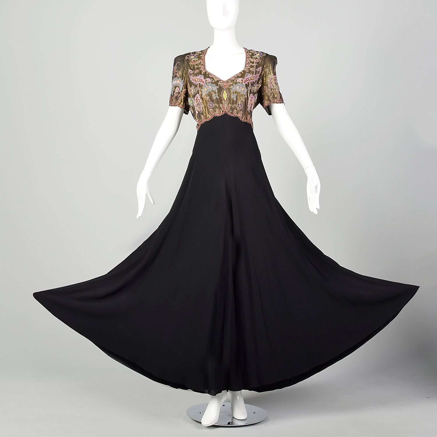 1940s Gold Lamé Beaded Black Evening Gown