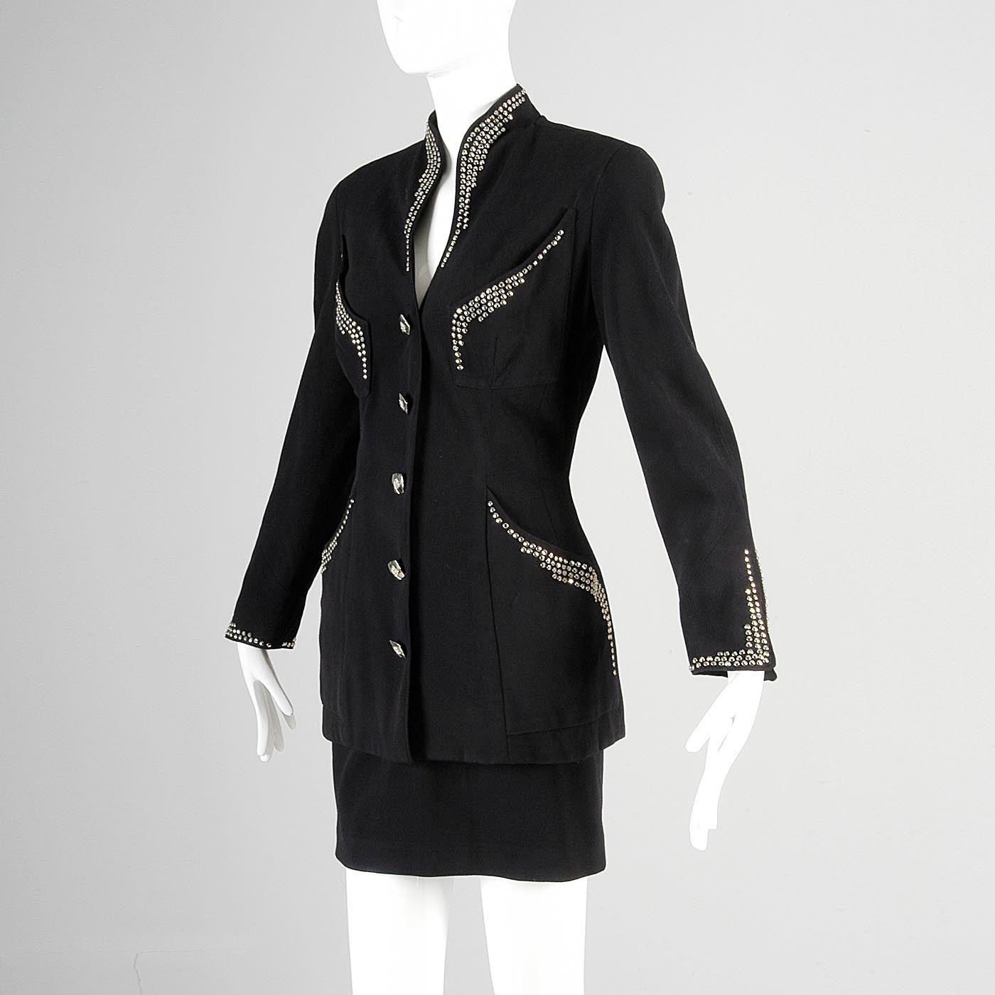 1990s Tadashi Curvy Black Skirt Suit with Silver Studs