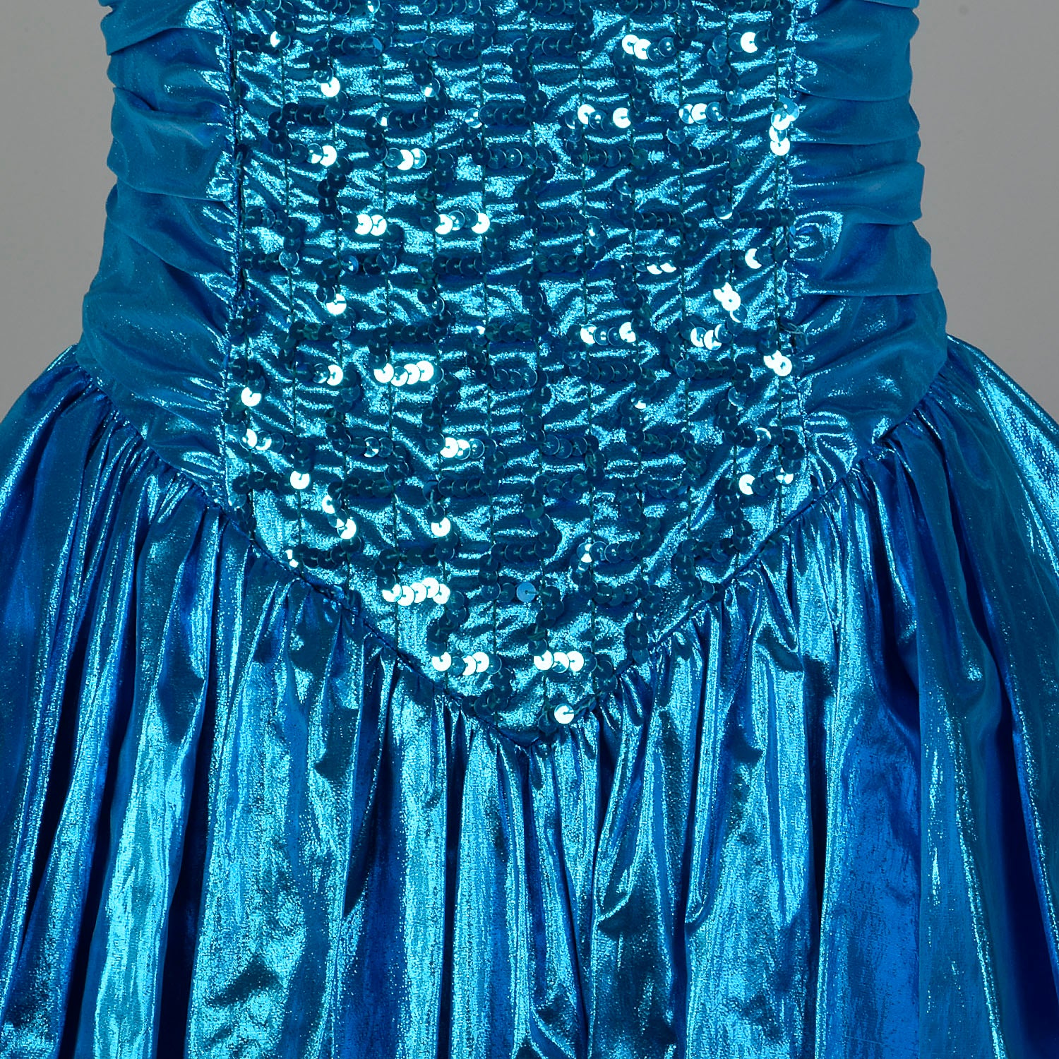 1980s Electric Blue Lame Prom Dress Full Length Formal Evening Gown Sequin Bodice