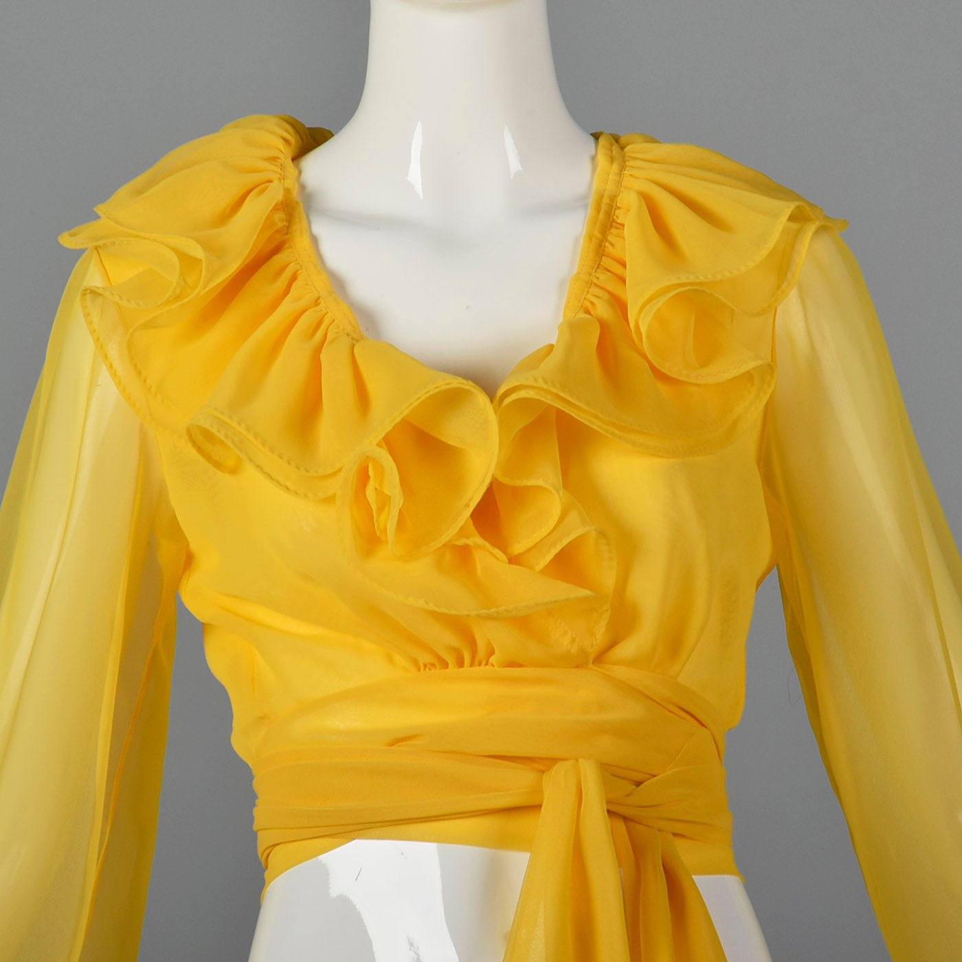 1970s Elegant Sheer Yellow Wrap Blouse