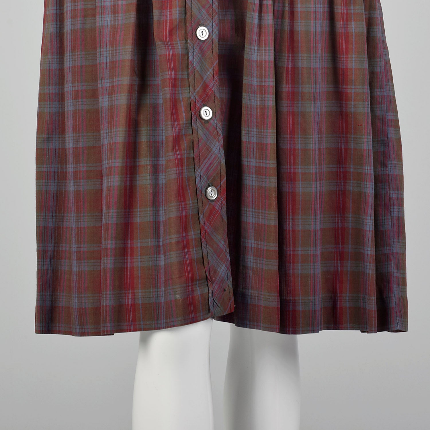 XL 1950s Burgundy Plaid Shirtwaist Day Dress Cotton Short Sleeve