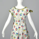 1950s White Summer Dress with Floral Print
