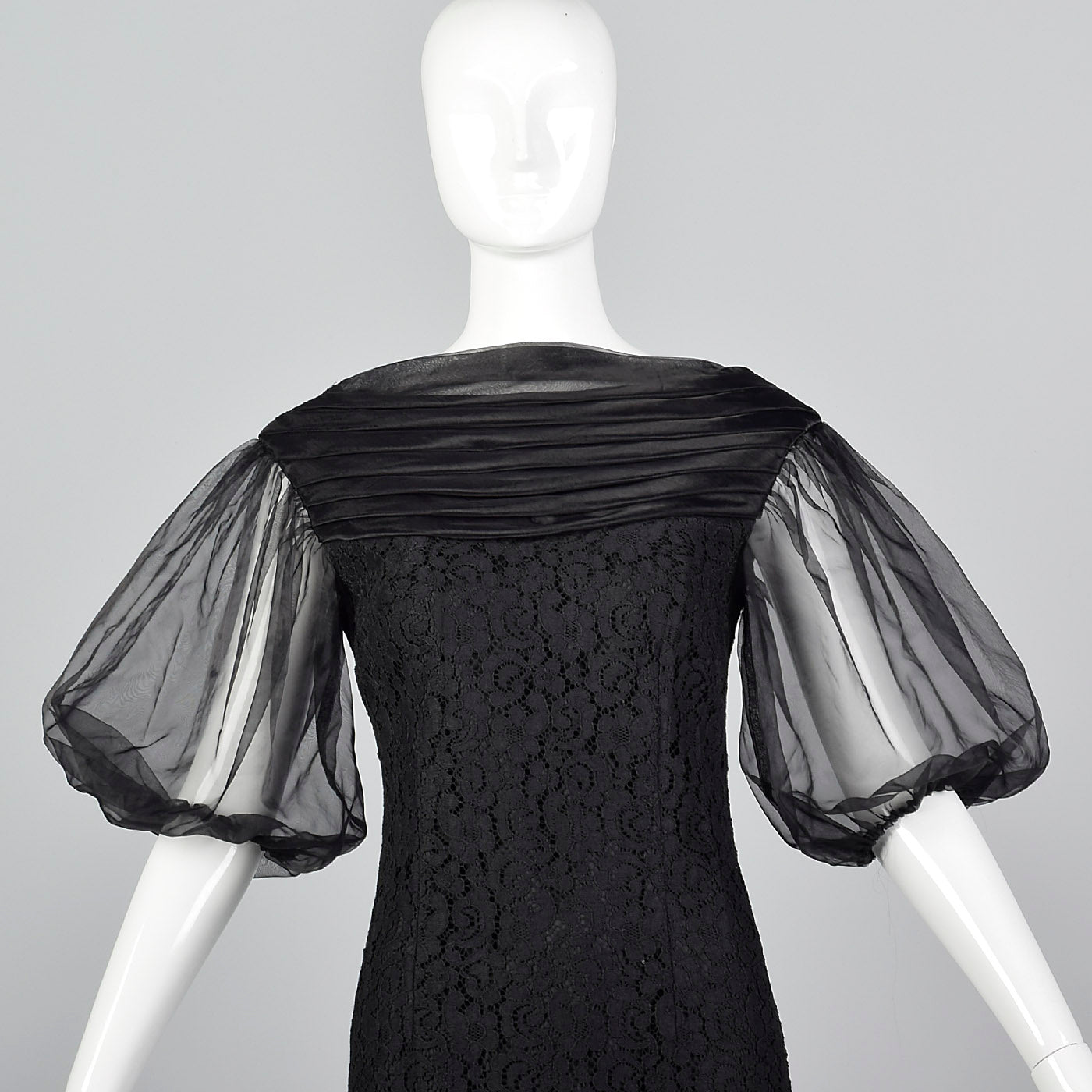 1960s Lace Overlay Shift Dress with Sheer Poof Sleeves
