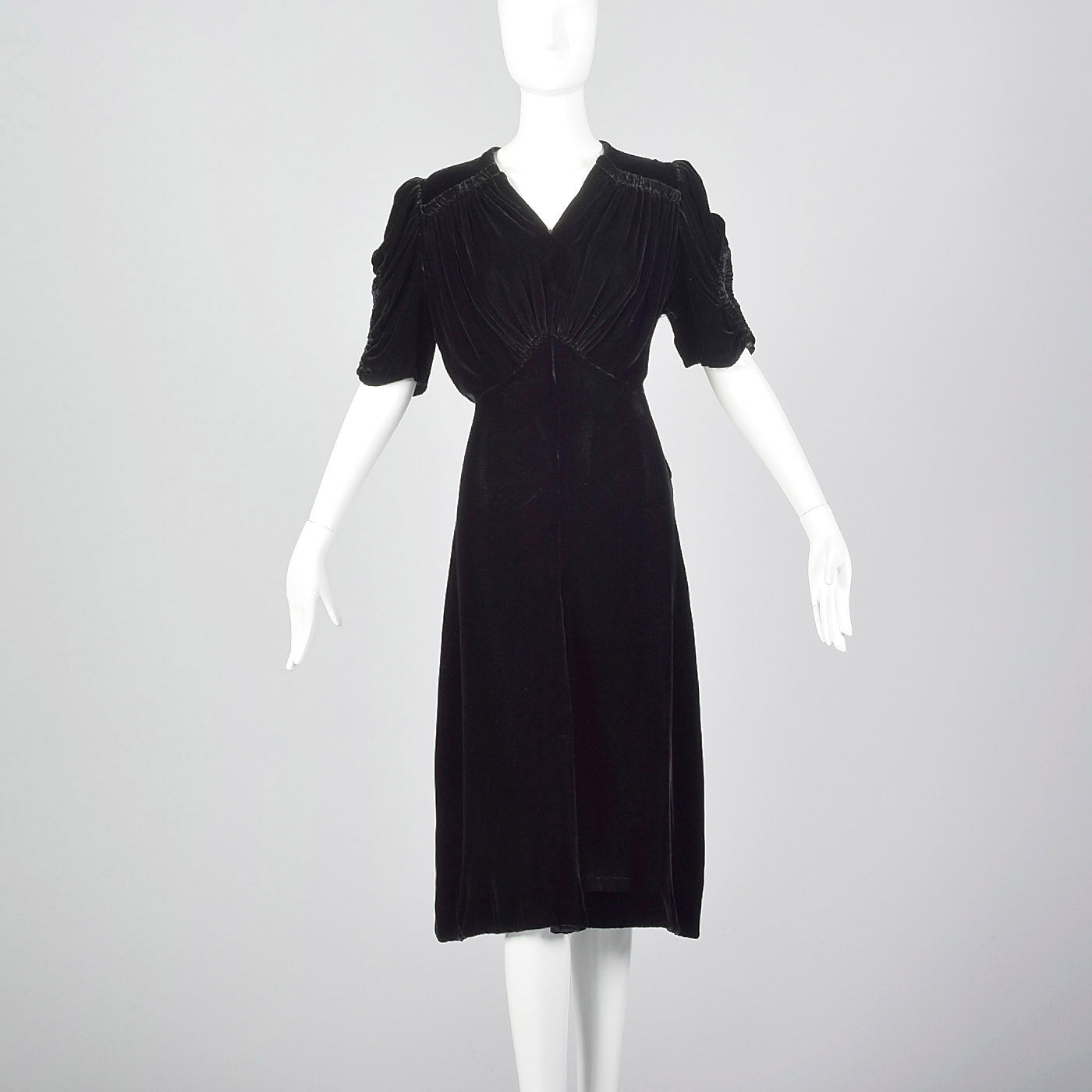 Large 1940s Black Velvet Dress with Open Sleeve Detail