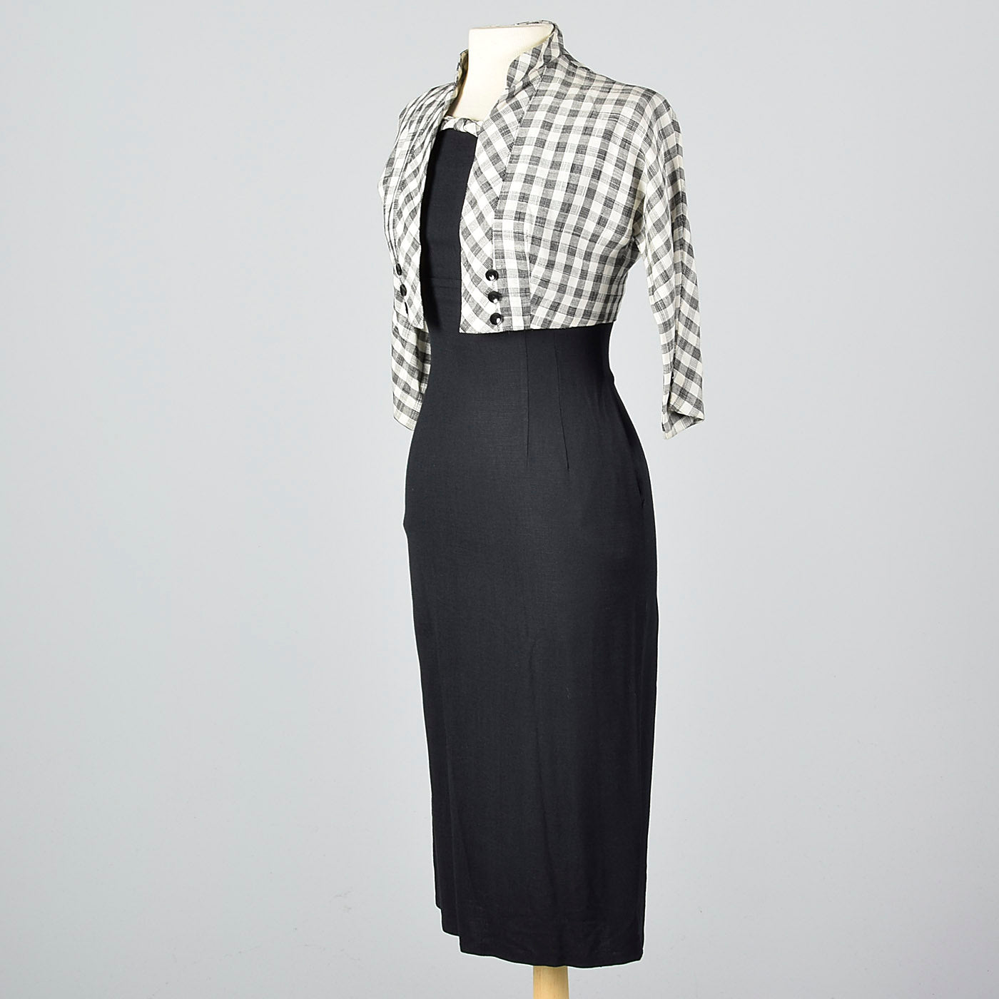 1950s Black Wiggle Dress with Gingham Trim and Jacket