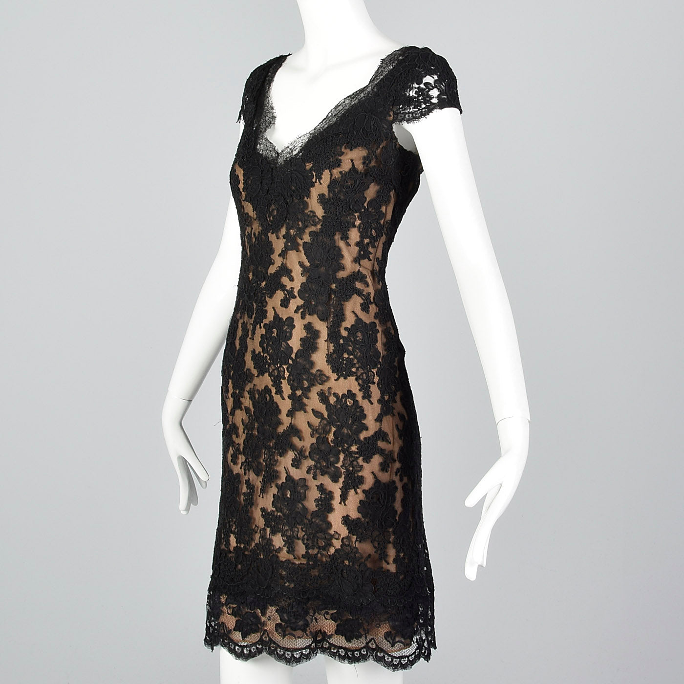 1990s Classic Oscar De La Renta Black Lace Dress