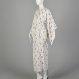 White Cotton 1970s Kimono Floral Seersucker Robe Long Sleeve