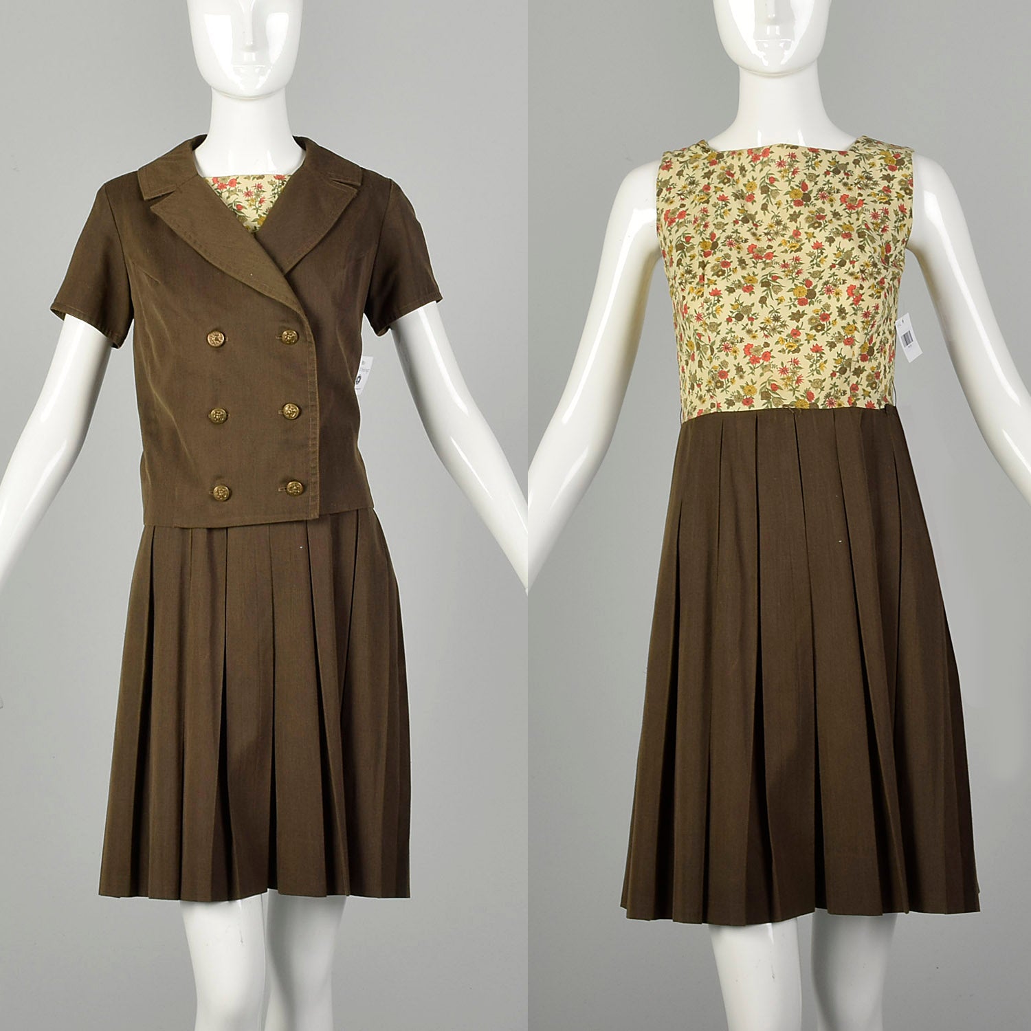 XS 1960s Brown Floral Dress Jacket Set 2 Piece Boho Ensemble Bohemian Separates