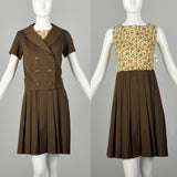 XS 1960s Brown Floral Dress Jacket Set 2 Piece Boho Ensemble Bohemian Separates
