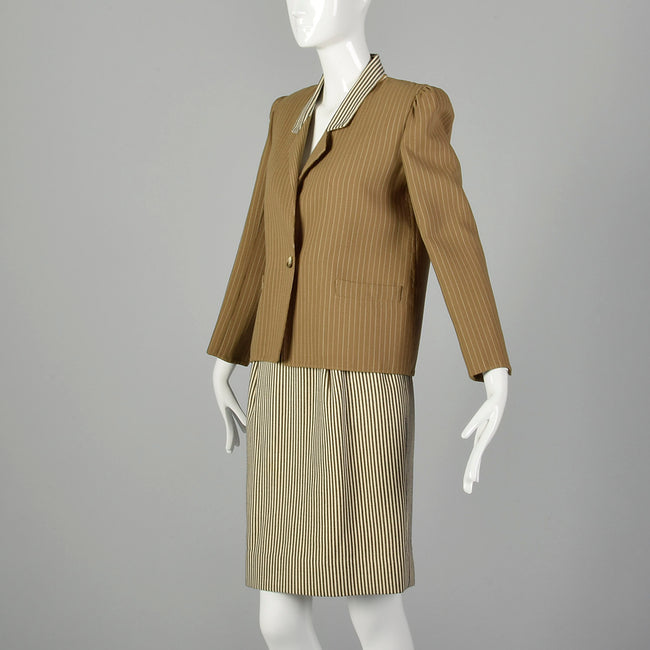 Medium 1980s Bill Blass Tan Striped Skirt Suit