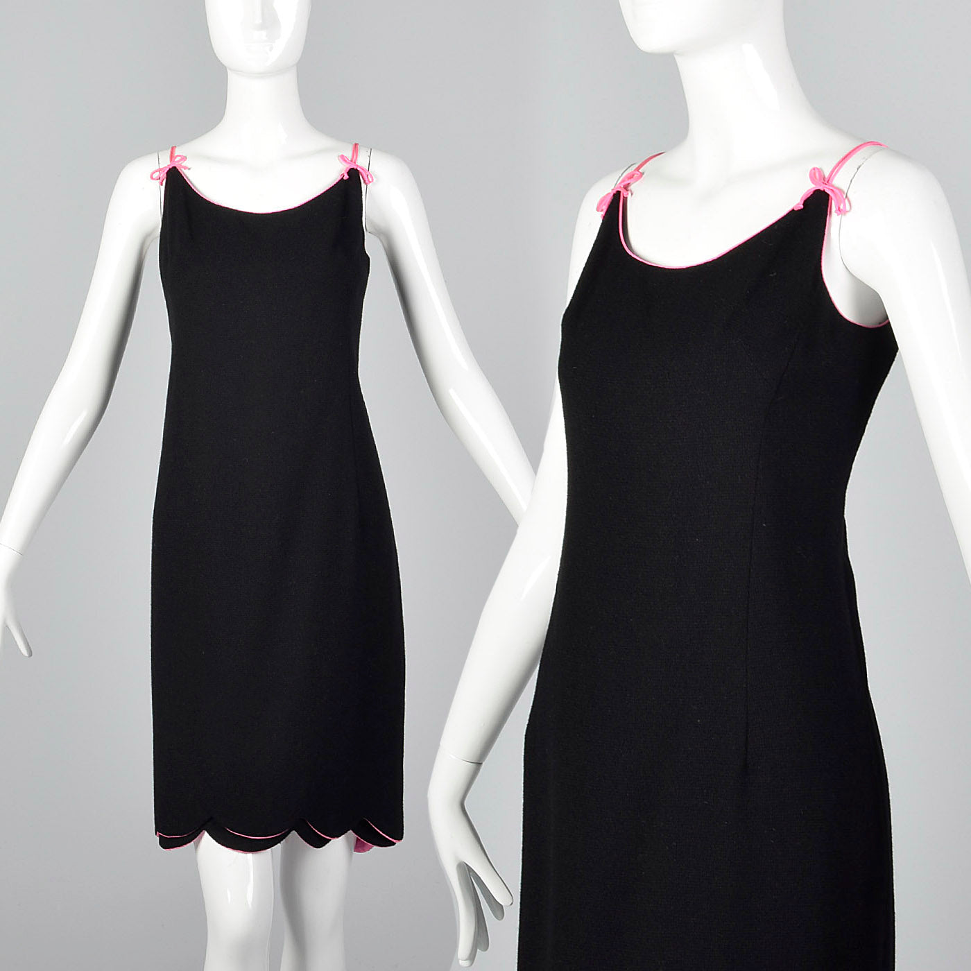 1960s Black Wool Dress with Pink Trim and Scallop Hem